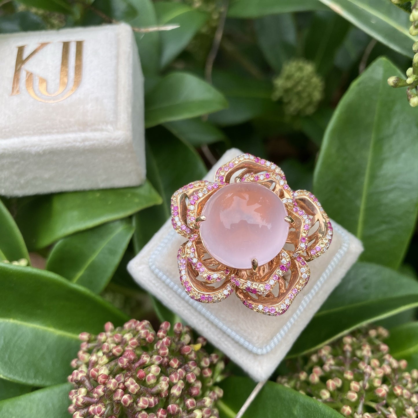 Rose Quartz Flower Ring with Pink and Yellow Sapphires and Diamonds in Rose Gold 