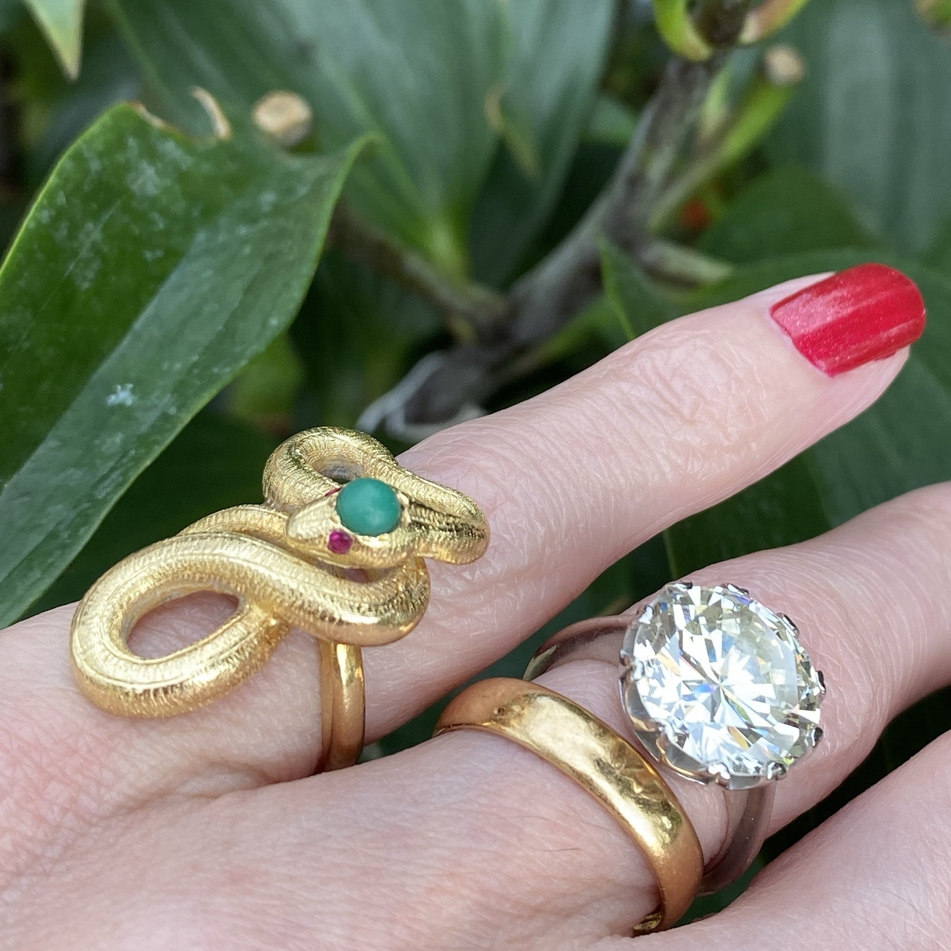 Antique Turquoise and Ruby Snake Serpent Ring in Yellow Gold 