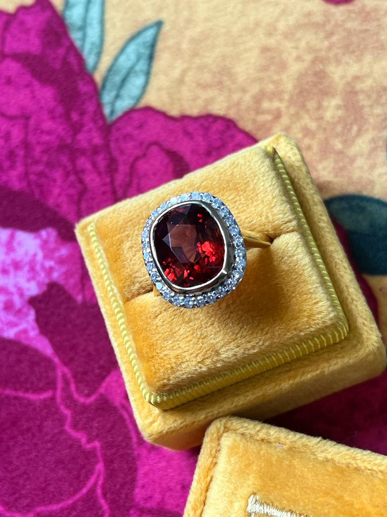 Spessartine Red Orange Garnet and Diamond Halo Ring 