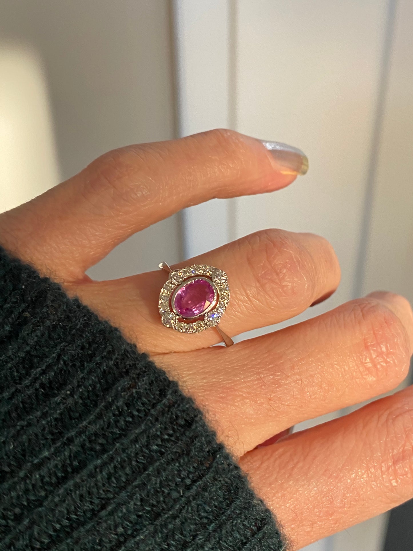 1.20 CTW Pink Sapphire and Diamond Compass Halo Engagement Ring in Platinum