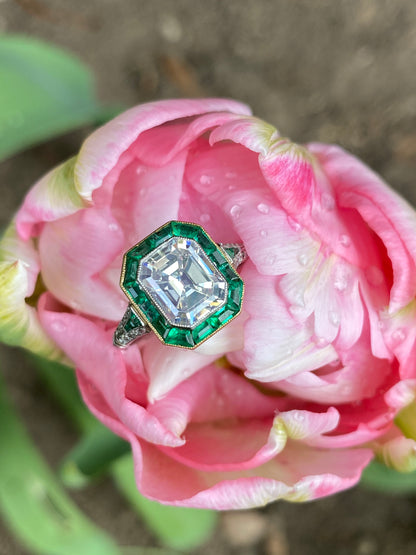 2.30 Carat Diamond and Emerald Antique Art Deco Halo Engagement Ring in 18ct White Gold