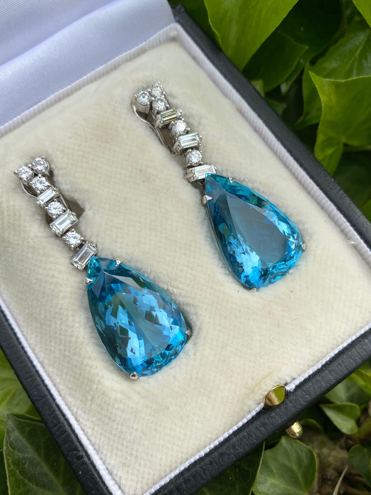 37.00 CTW Vintage Aquamarine and Diamond Drop Earrings in 18ct White Gold