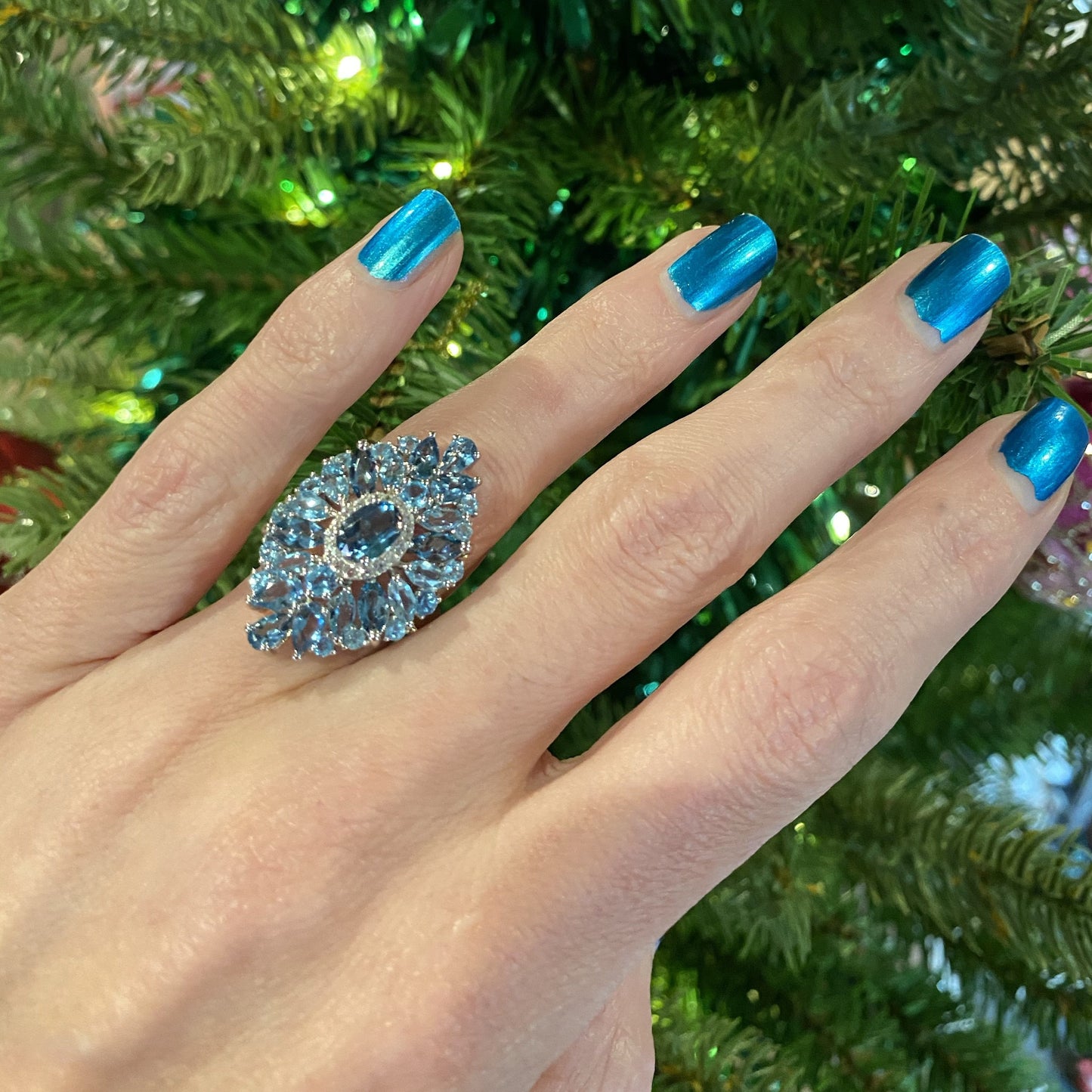 Blue and White Topaz Cocktail Ring in Sterling Silver 