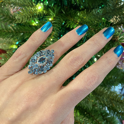 Blue and White Topaz Cocktail Ring in Sterling Silver 