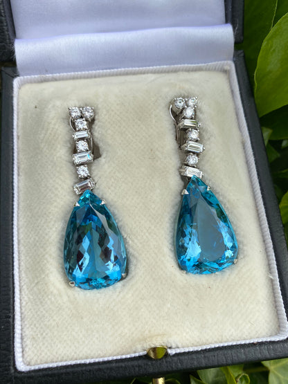 37.00 CTW Vintage Aquamarine and Diamond Drop Earrings in 18ct White Gold