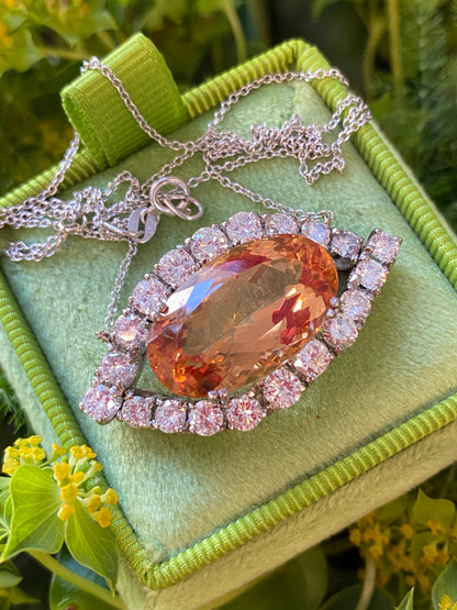 Oval Cut Imperial Topaz and Diamond Vintage Necklace in White Gold 