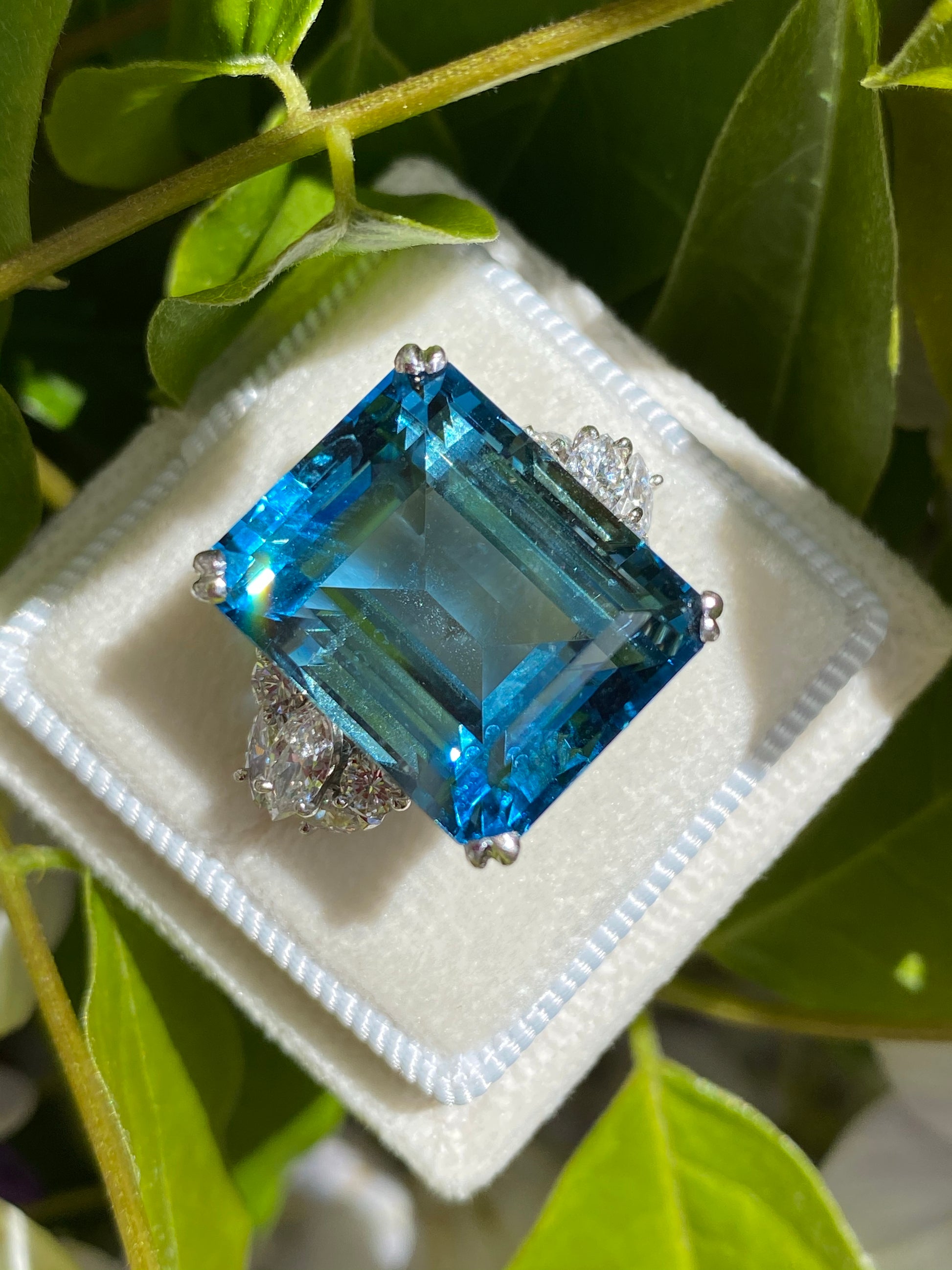 19.50 Carat Emerald Cut Aquamarine and Diamond Vintage Cocktail Ring 