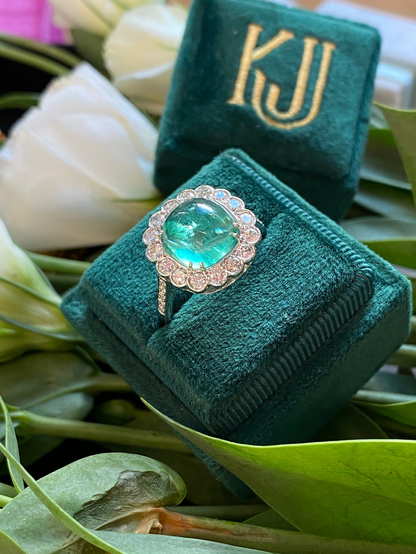 4.66 Carat Cabochon Colombian Emerald and Diamond Ring