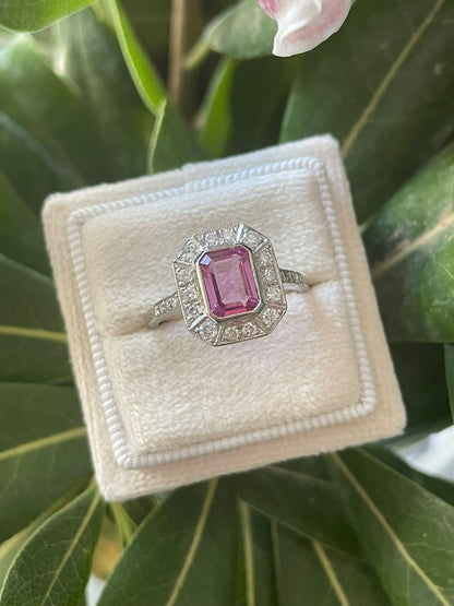 Emerald Cut Pink Sapphire and Diamond Halo Art Deco Engagement Ring in Platinum 