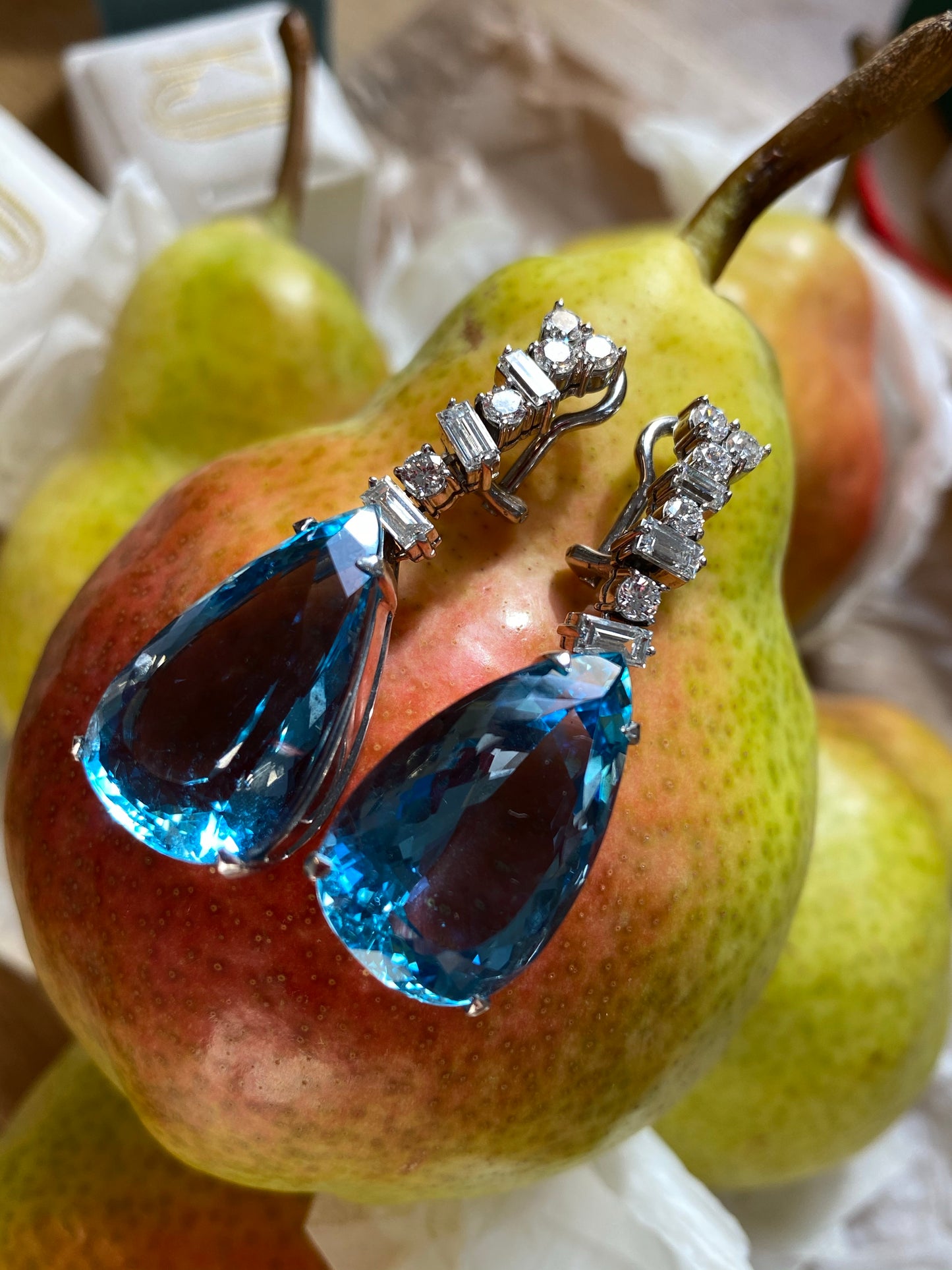 Pear Cut Aquamarine and Diamond Vintage Drop Earrings in White Gold