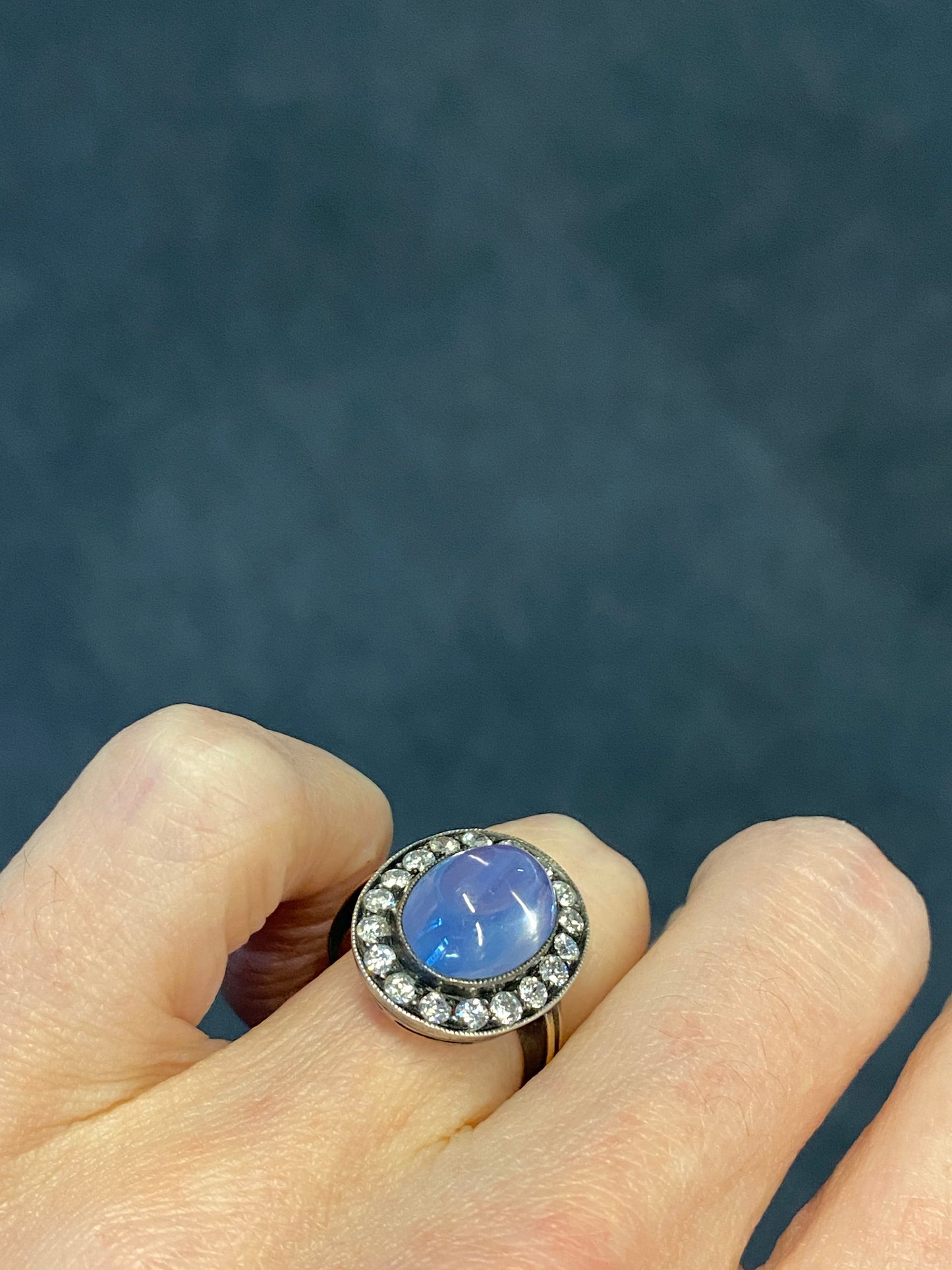 9.00 Carat Antique Blue Ceylon No Heat Cabochon Sapphire and Diamond Ring in 18ct Yellow Gold and Silver