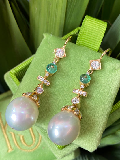 Diamond, Emerald and South Sea Pearl Drop Earrings in 18ct Yellow Gold