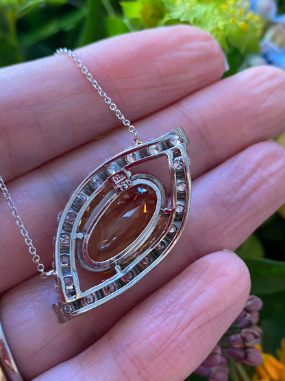 Oval Cut Imperial Topaz and Diamond Vintage Necklace in White Gold 