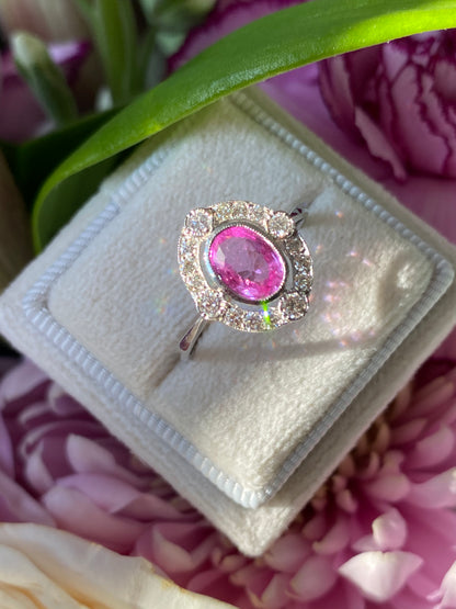 1.20 CTW Pink Sapphire and Diamond Compass Halo Engagement Ring in Platinum