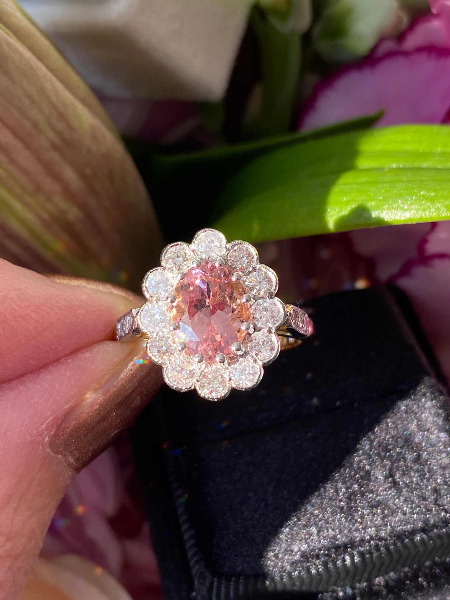 2.85 CTW Pink Tourmaline and Diamond Halo Engagement Ring in 18ct Yellow Gold