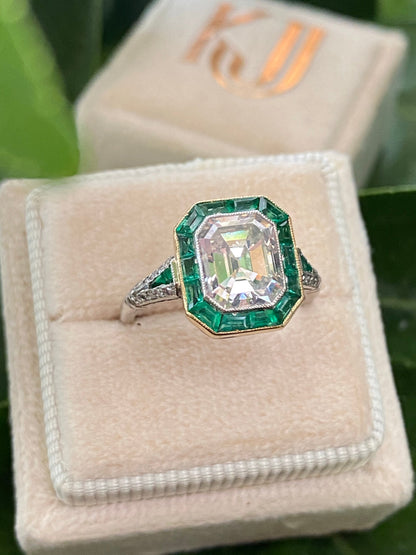 2.30 Carat Emerald Cut Diamond and Emerald Art Deco Halo Ring 