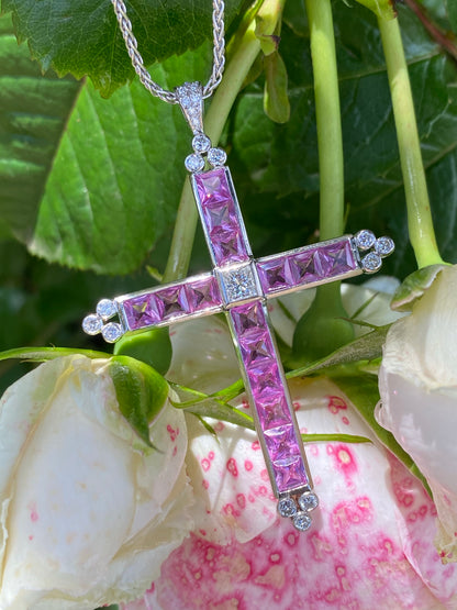 15.00 Carat Pink Sapphire and Diamond Cross Pendant Necklace in 18ct White Gold