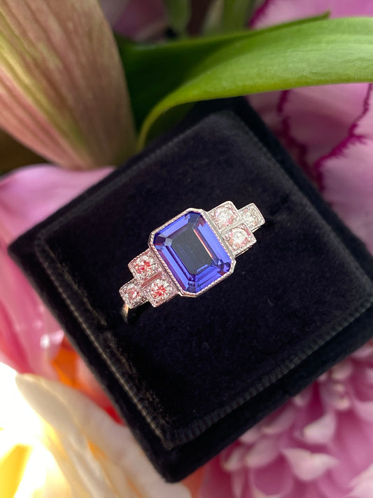 1.50 Carat Emerald Cut Tanzanite and Diamond Engagement Ring in Platinum 