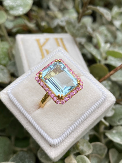 6 Carat Aquamarine and Pink Sapphire Halo Cocktail Engagement Ring in Yellow Gold 