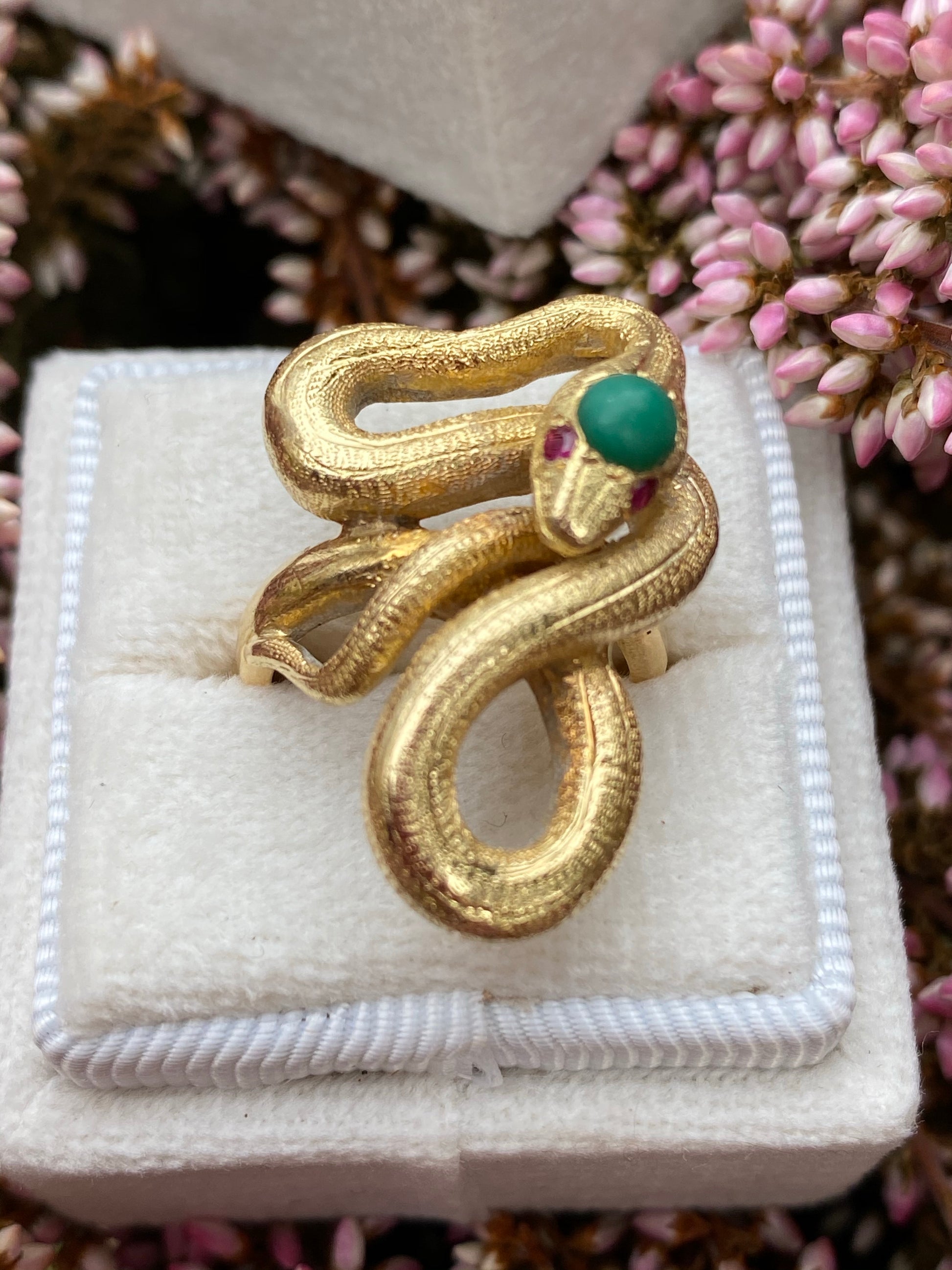 Antique Turquoise and Ruby Snake Serpent Ring in Yellow Gold 