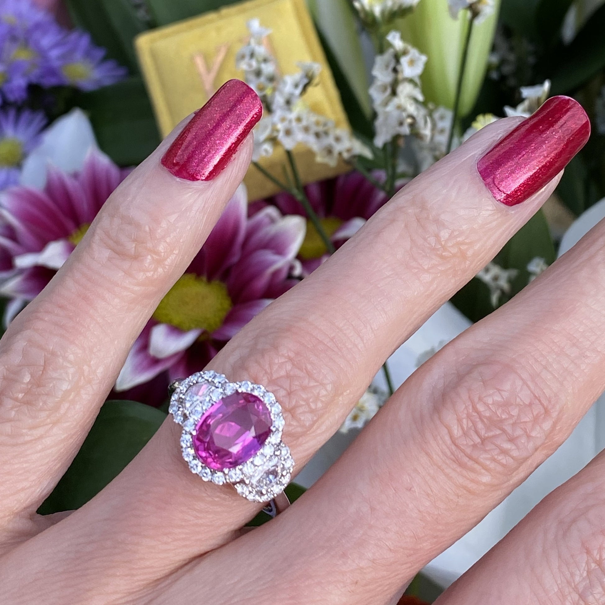 2.87 Carat Oval Cut Pink Sapphire and Diamond Engagement Ring in White Gold 