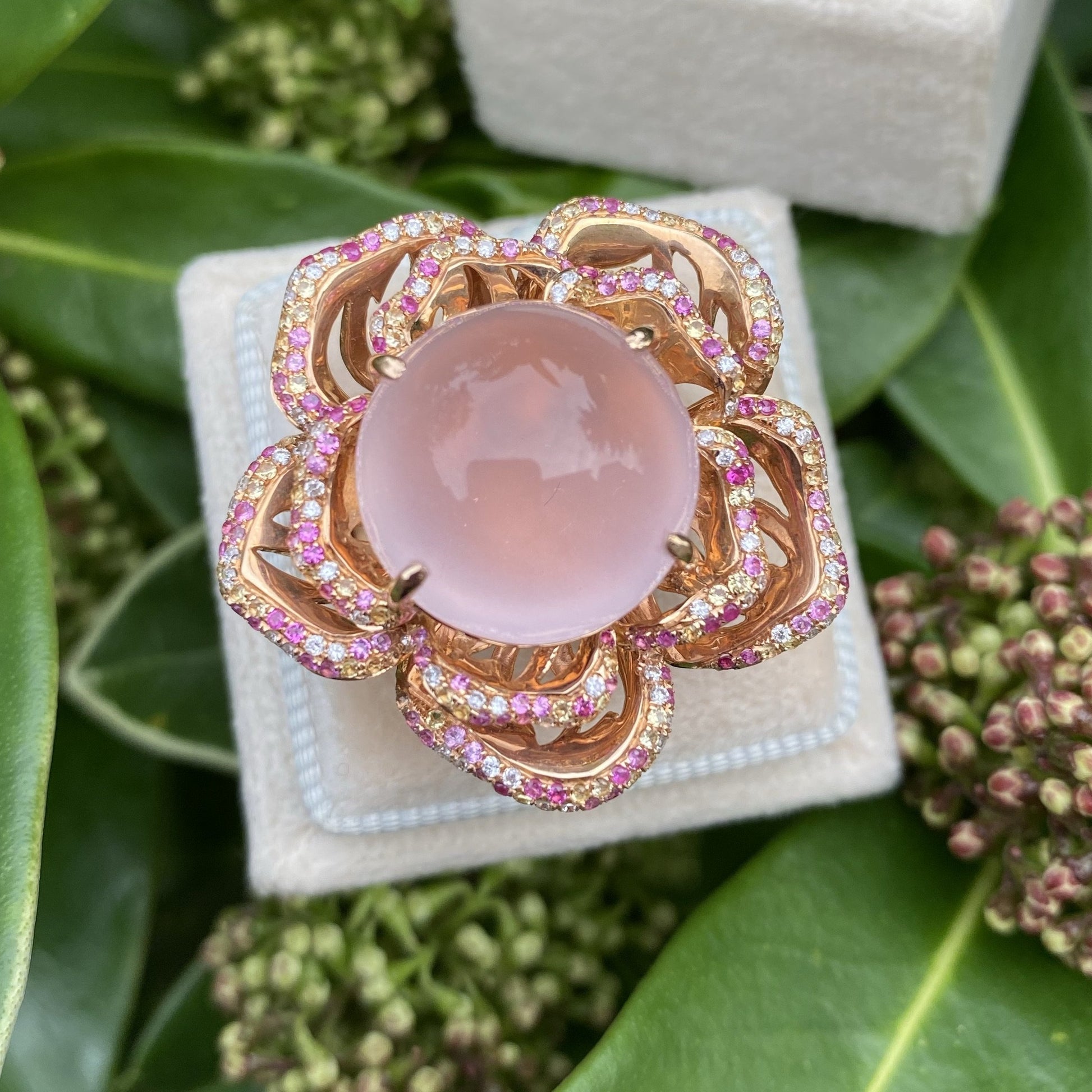 Rose Quartz Flower Ring with Pink and Yellow Sapphires and Diamonds in Rose Gold 