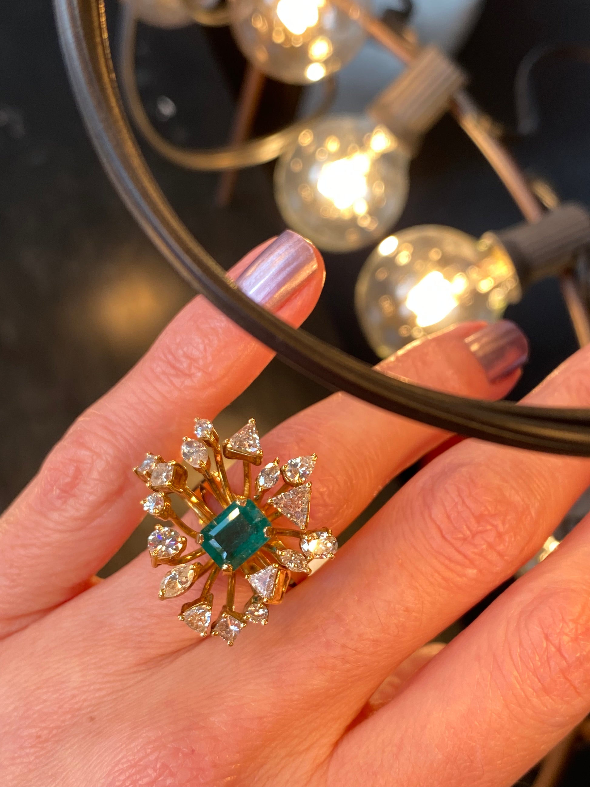 Emerald and Mixed Cut Diamond Retro Vintage Cocktail Ring in Yellow Gold