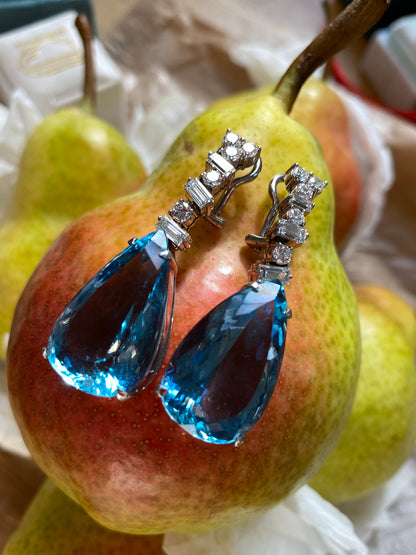 Pear Cut Aquamarine and Diamond Vintage Drop Earrings in White Gold