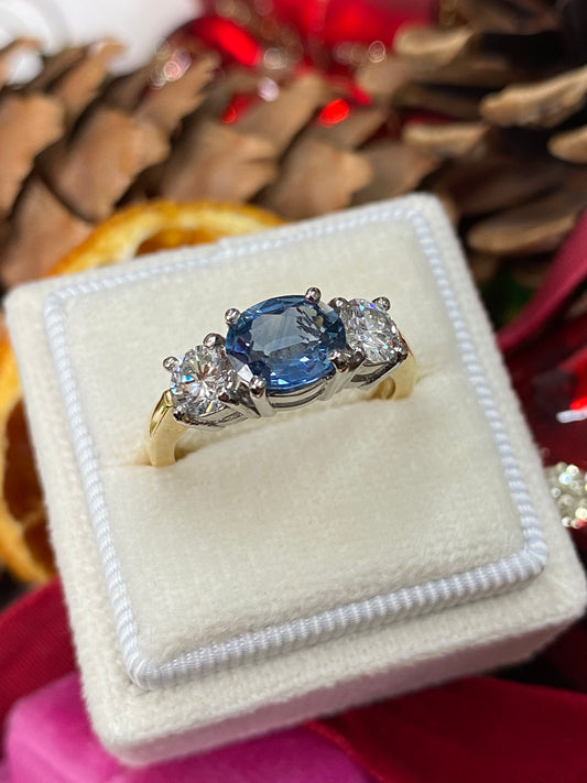 1.48 Carat Blue Ceylon Sapphire and Diamond Three Stone Engagement Ring in 18ct Yellow Gold