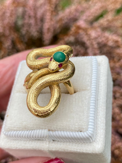 Antique Turquoise and Ruby Snake Serpent Ring in Yellow Gold 