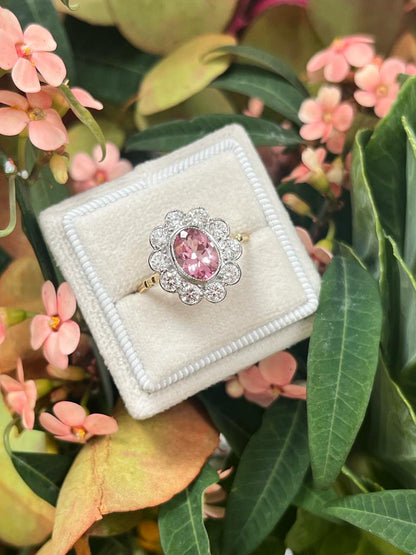 2 Carat Oval Pink Tourmaline and Diamond Halo Antique Edwardian Style Engagement Ring in White and Yellow Gold 