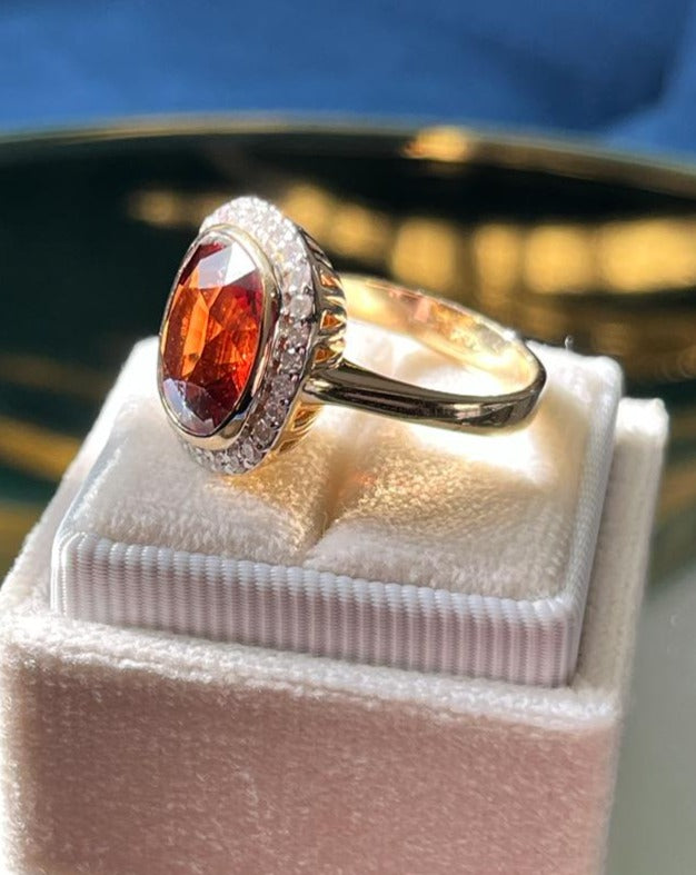 Spessartine Red Orange Garnet and Diamond Halo Ring 