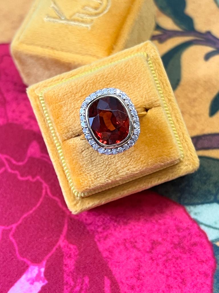 Spessartine Red Orange Garnet and Diamond Halo Ring 