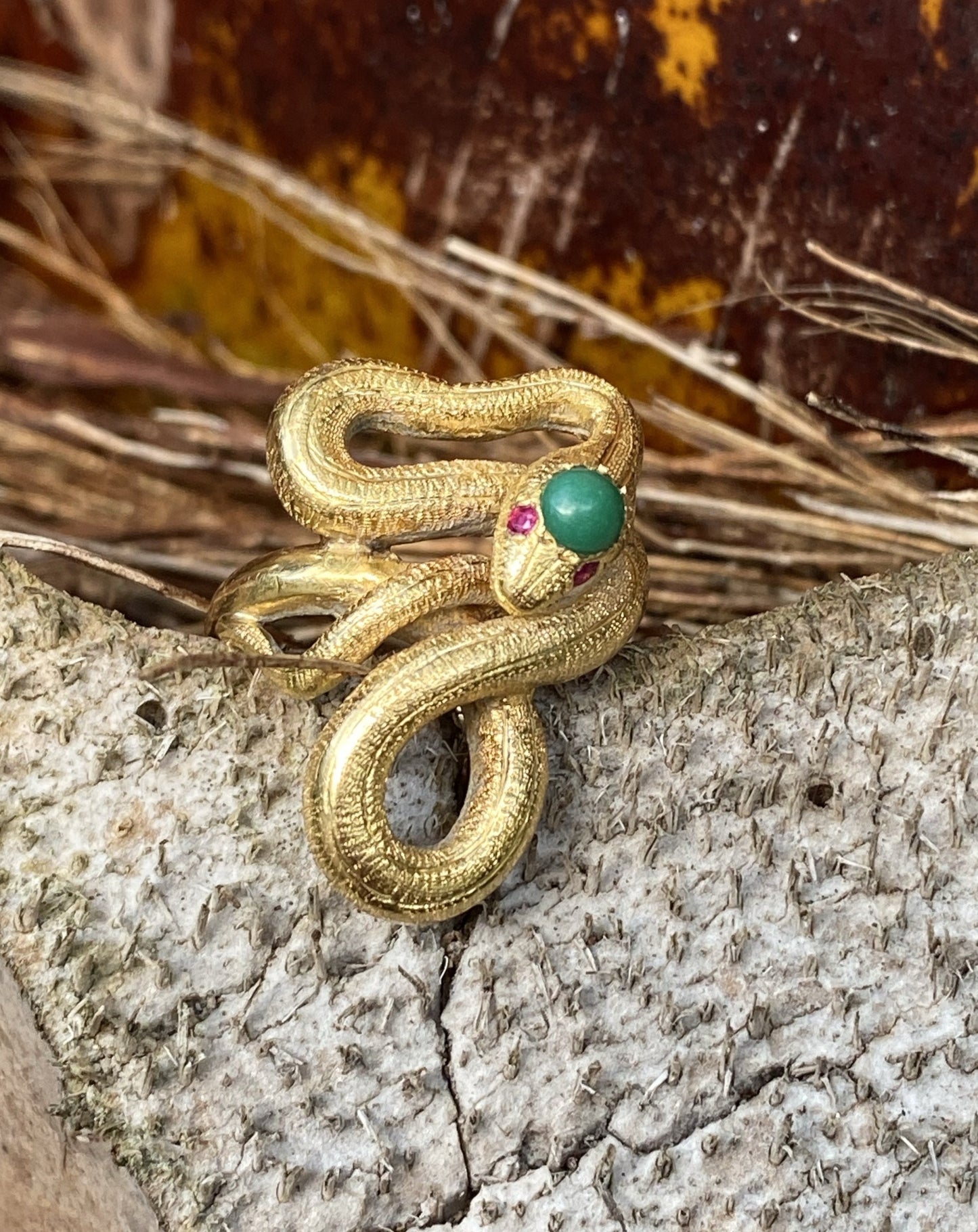 Antique Turquoise and Ruby Snake Serpent Ring in Yellow Gold 