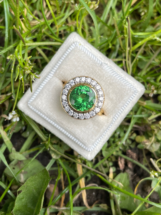 3.50 Carat Round Tsavorite Green Garnet and Diamond Halo Bezel Engagement Ring in Yellow Gold 