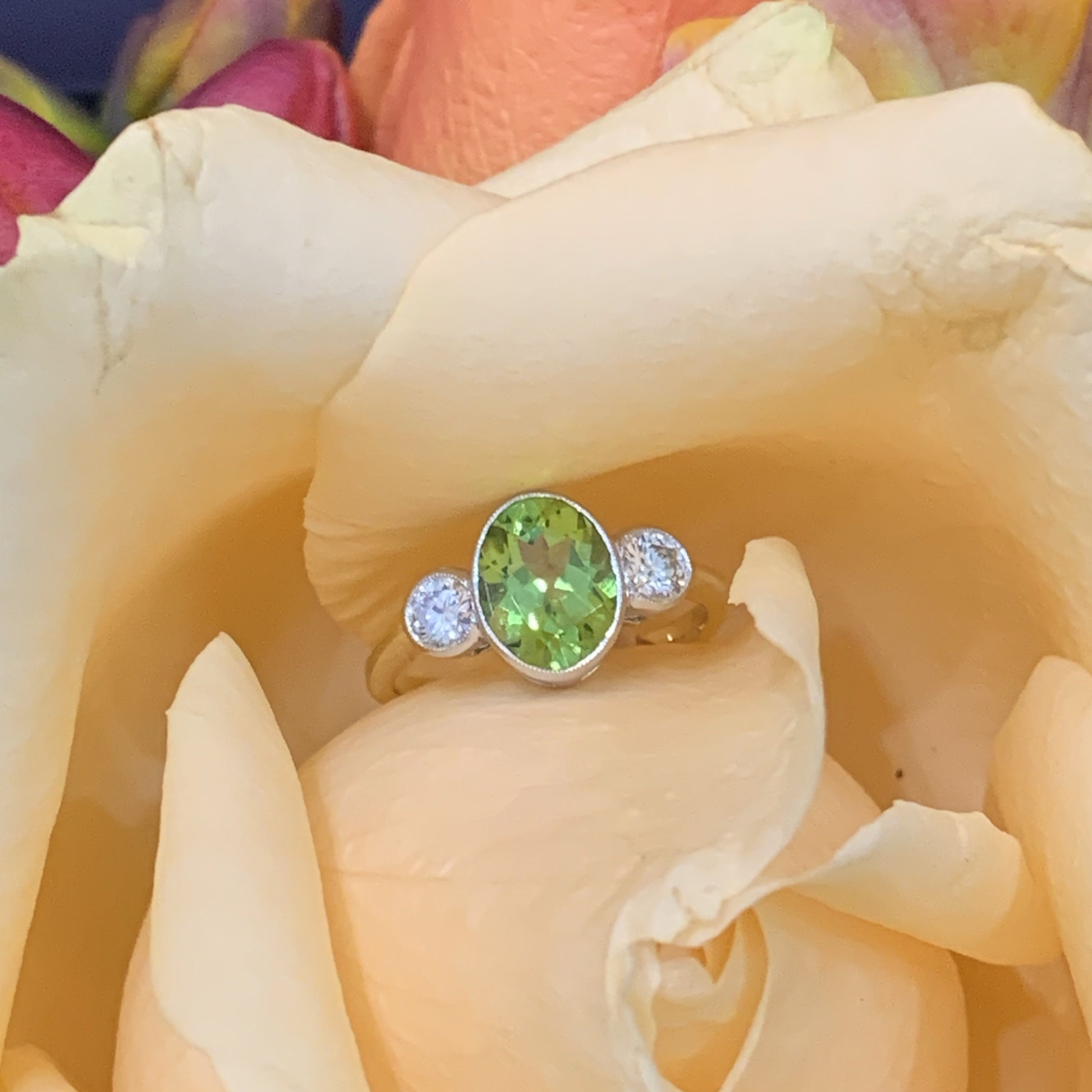 1.85 Carat Peridot and Diamond Three Stone Ring in 18K Gold