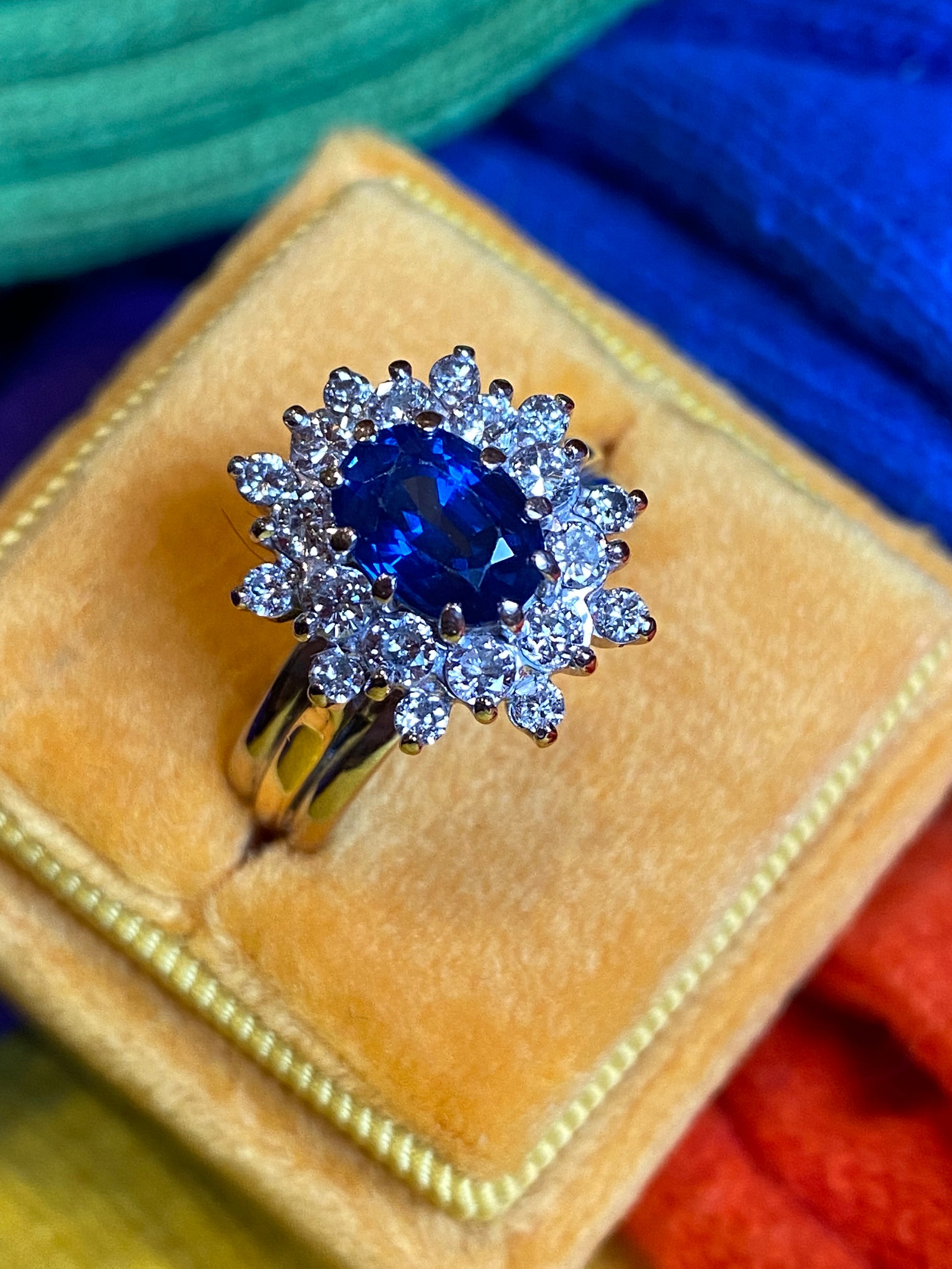 3 Carat Oval Blue Sapphire and Diamond Vintage Halo Engagement Ring 