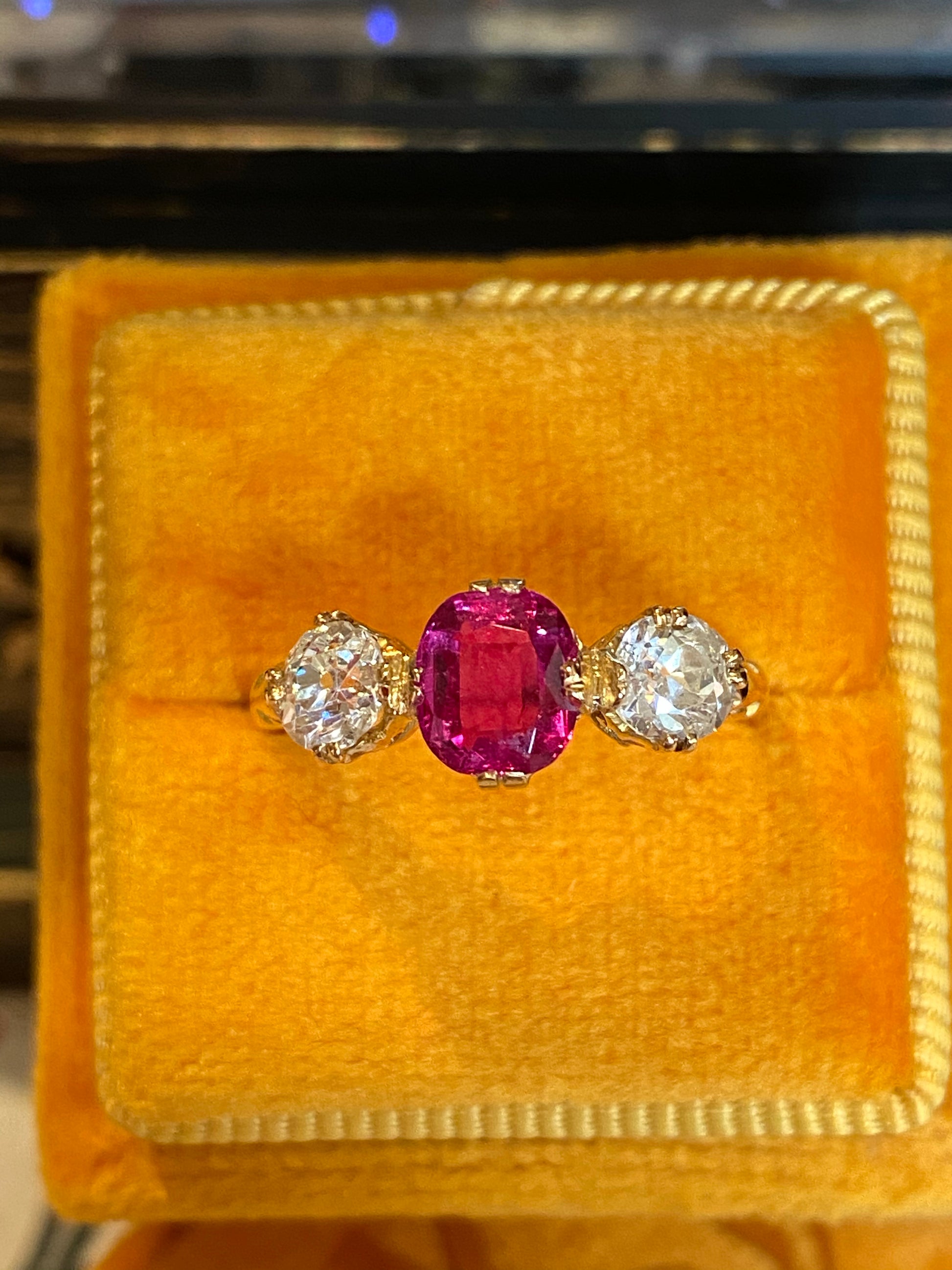 1.73 CTW Antique Ruby and Diamond Three Stone Ring in Yellow Gold 