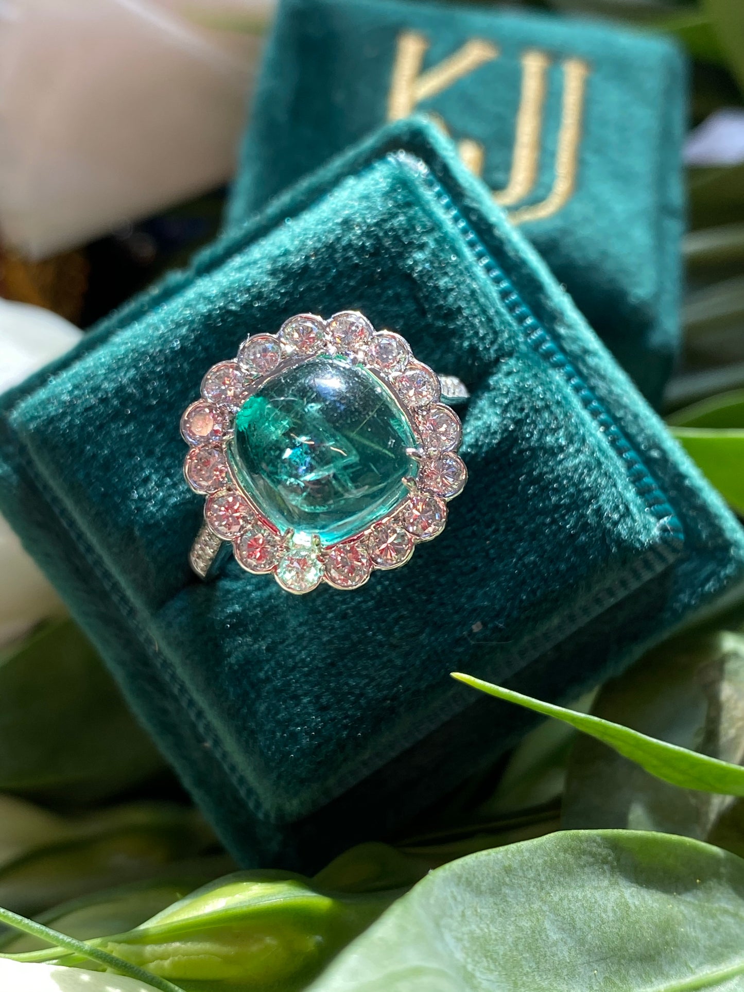 4.66 Carat Cabochon Colombian Emerald and Diamond Ring