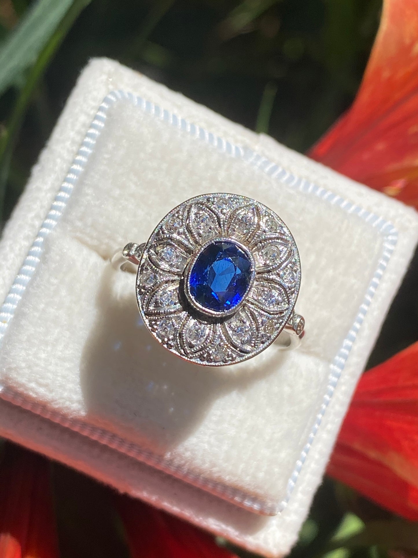 1.50 CTW Antique Art Deco Blue Ceylon Sapphire and Diamond Halo Engagement Ring in Platinum