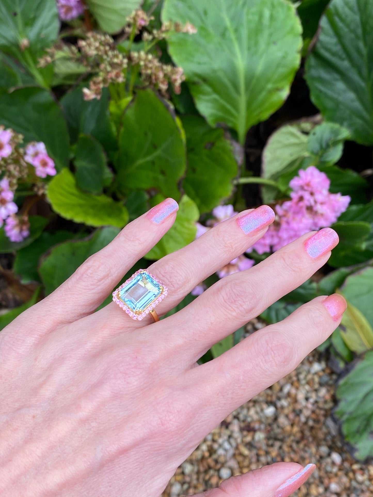 6 Carat Aquamarine and Pink Sapphire Halo Cocktail Engagement Ring in Yellow Gold 