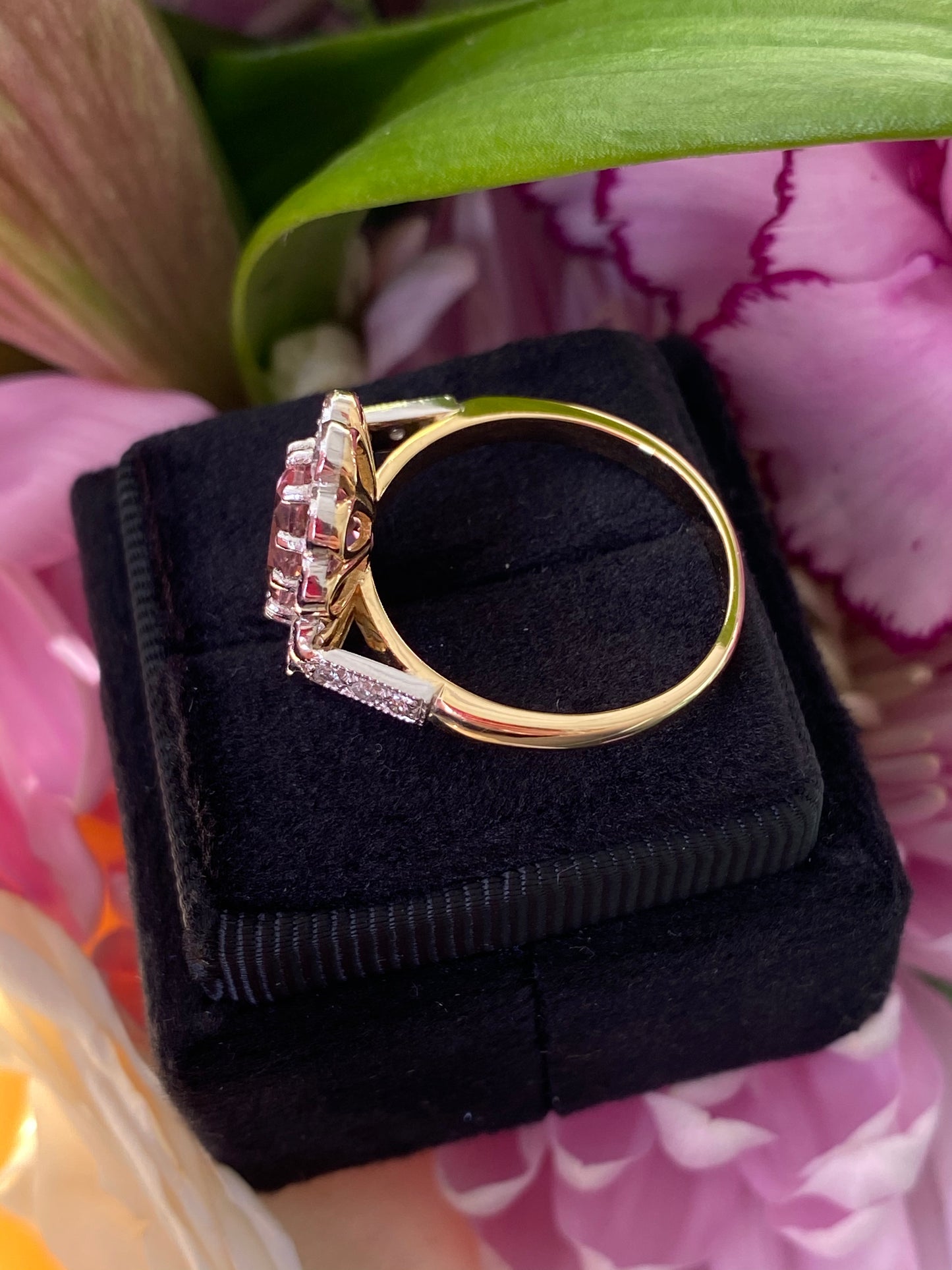 2.85 CTW Pink Tourmaline and Diamond Halo Engagement Ring in 18ct Yellow Gold