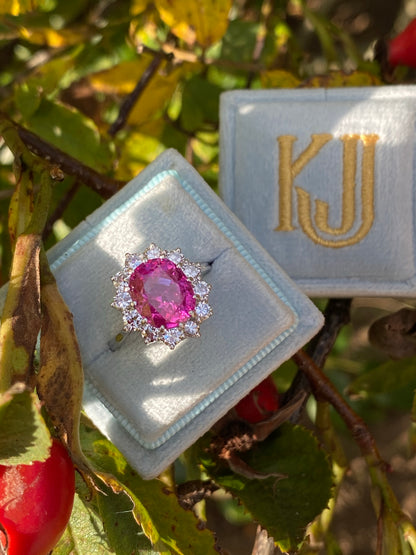 3.50 Carat Oval Pink Sapphire and Diamond Halo Vintage Engagement Ring 